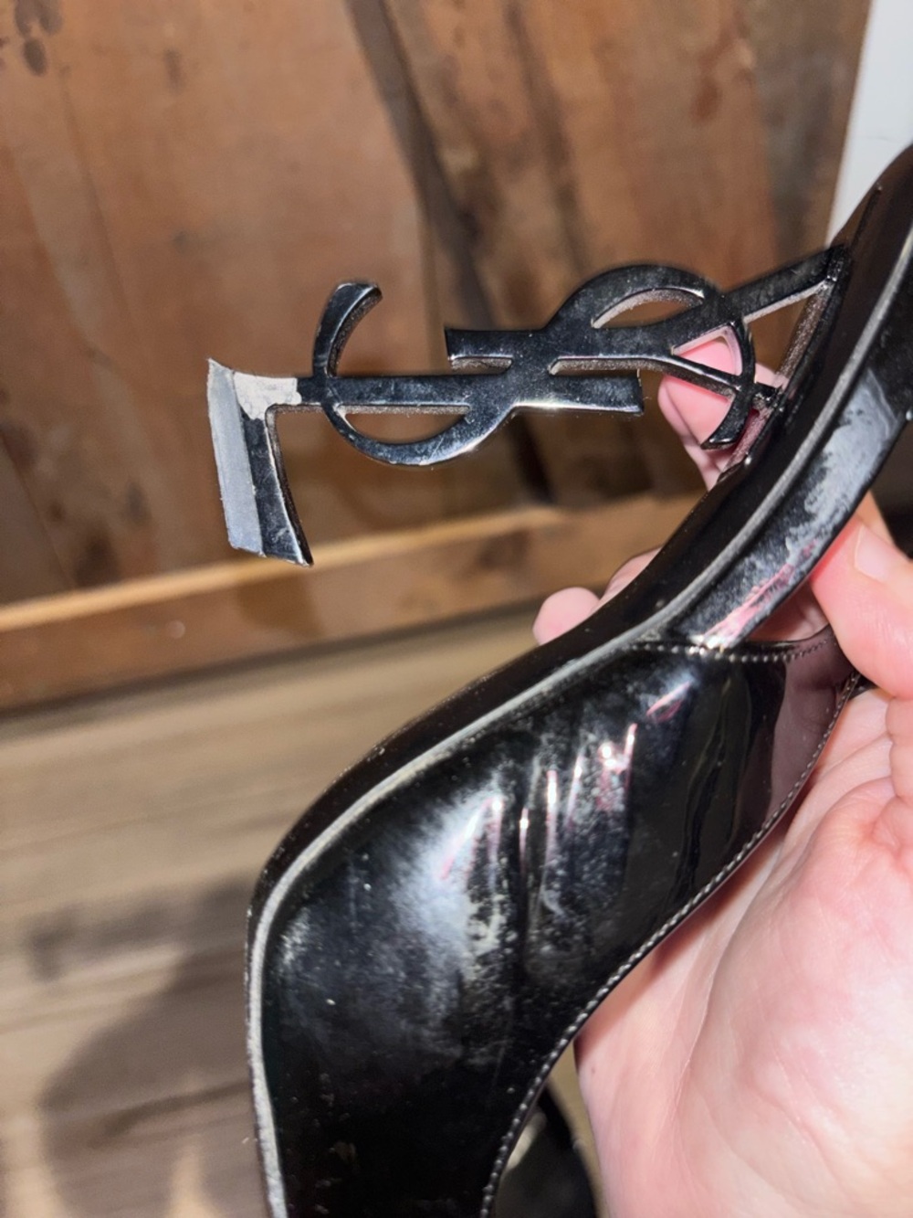 Saint Laurent Black Patent YSL Logo Heel Slingbacks 37.5 - Picture 9 of 10